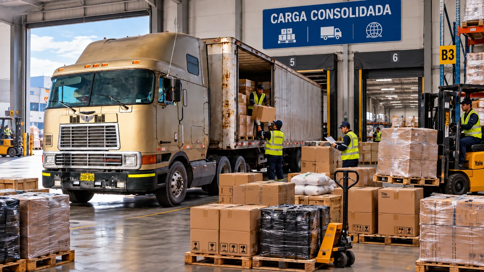 Operación de carga consolidada con pallets y mercancías