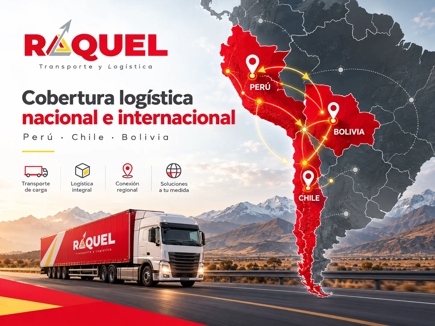 Mapa ilustrativo de cobertura de transporte de carga en Perú, Chile y Bolivia